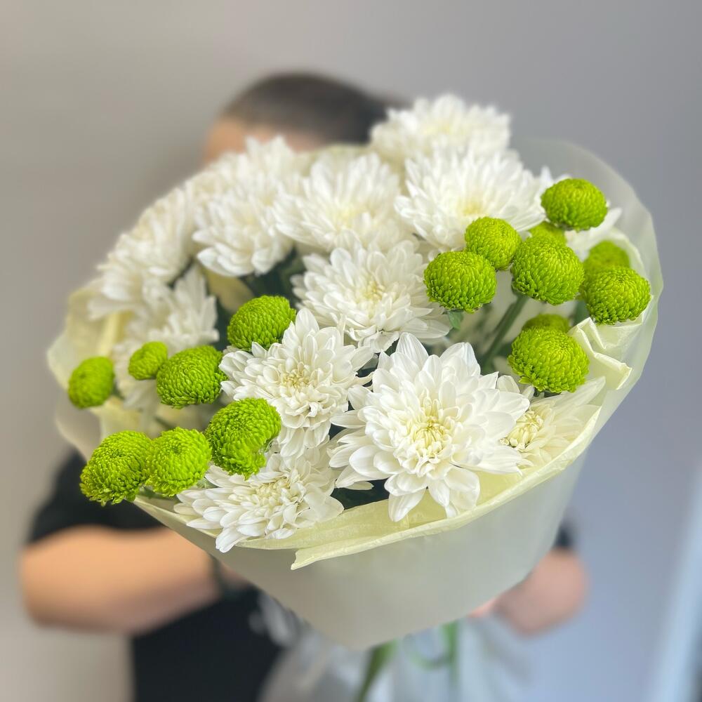 Эксклюзивный букет «Филин Грин» – сочетание белых и зеленых хризантем Анадырь Чукотский автономный округ