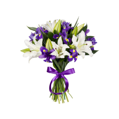 Букет Малый из белых лилий и голубых ирисов – гармония нежности и легкости
