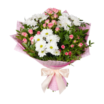 Букет «Волшебный сад» – гармония кустовых роз и белоснежных хризантем Анадырь Чукотский автономный округ