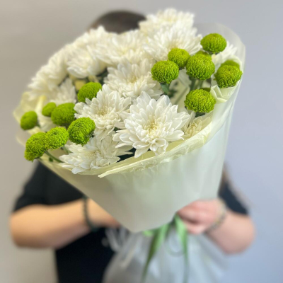 Эксклюзивный букет «Филин Грин» – сочетание белых и зеленых хризантем Анадырь Чукотский автономный округ