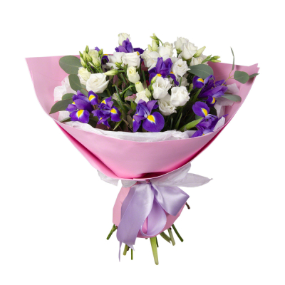 Букет «Подарок» – элегантная композиция из ирисов, эустом и эвкалипта Анадырь Чукотский автономный округ