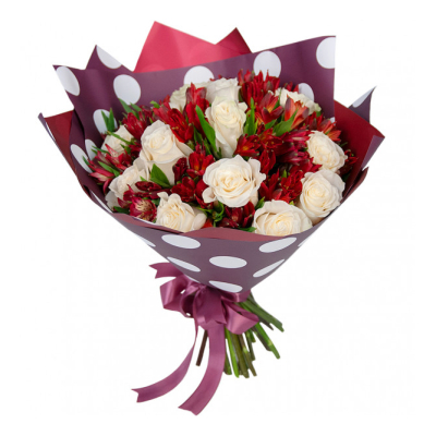 Букет из белых роз и красных альстромерий – гармония страсти и чистоты Анадырь Чукотский автономный округ
