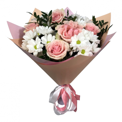 Букет из розовых роз и хризантем – нежность и долговечность Анадырь Чукотский автономный округ